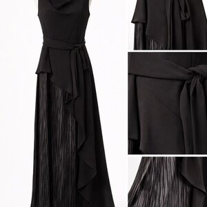 Dkny Black Maxi Dress with Draped Ruffle and Pleated Skirt